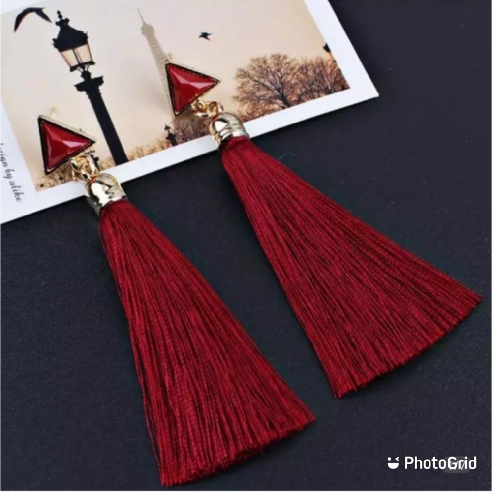 Red Boho Long Triangle Tassel Drop Earrings